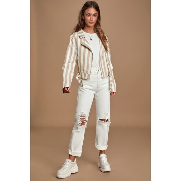 Lulu’s Vacation Signature Taupe and Ivory Striped Belted Moto Jacket Large NEW - Picture 12 of 14
